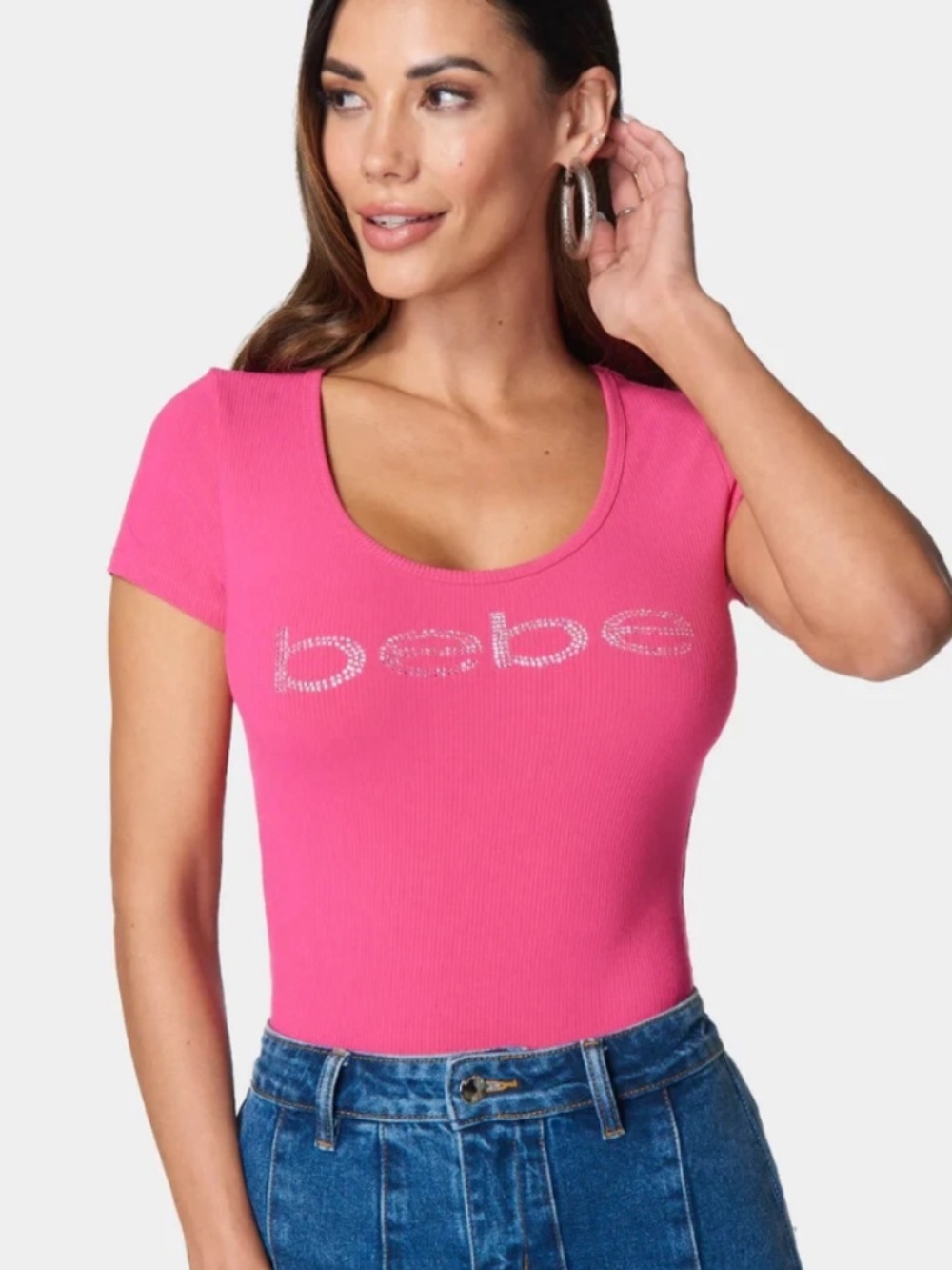 Bebe hot pink crystal logo short sleeve ribbed top xs